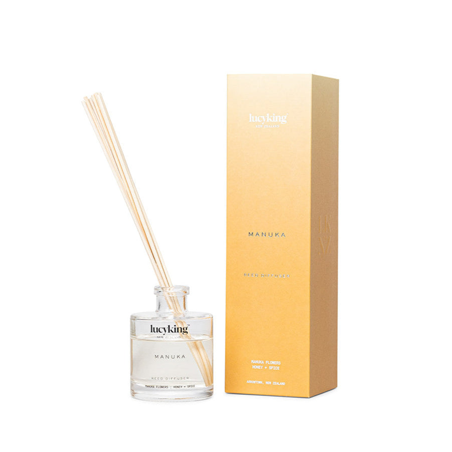 LucyKing MANUKA reed diffuser with clear bottle, beige reeds and yellow packaging