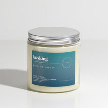 Load image into Gallery viewer, Large signature fragrance soy wax scented candle in a clear glass jar with grey label and brushed aluminium silver screwtop lid
